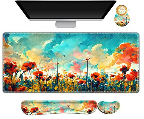 ARTSO Gaming Mouse Pad Wrist Support Set, XXL Large Desk Mat Mousepad + Keyboard Wrist Support+ Mouse Wrist Rest+Coaster 4in1 Ergonomic, Stitched Edge for Home Office -Oil Painting Flowers Plants