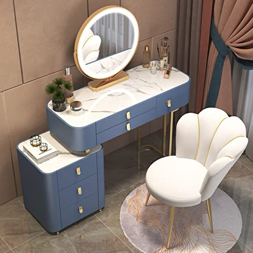 NileMAll Schminktisch mit Spiegel und gepolstertem Hocker, Schminktisch-Set mit 4/5 Schubladen, Schminktisch im Schlafzimmer mit Steinplatten-Tischplatte