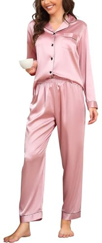 Vlazom Pyjamas for Women, Soft Satin Long Sleeve Pjs Set Two Piece Silk Pyjamas Classic Button Down Sleepwear Loungewear for All Seasons Dusky Pink,XL