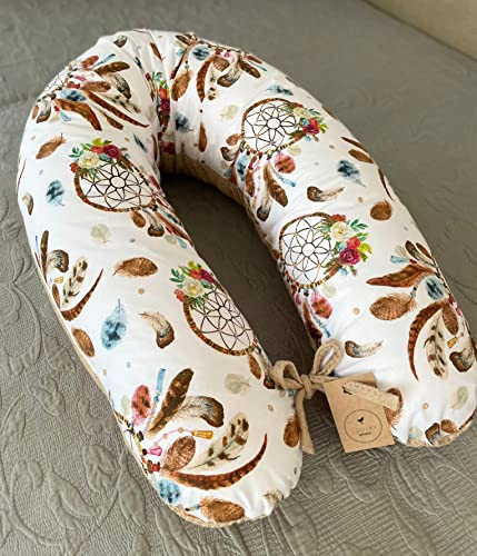 LOOLAY Schwangerschaftskissen - Stillkissen 170 cm - Seitenschläferkissen 100% Baumwolle - mit Abnehmbarem Bezug - Ergonomisches Schwanger Kissen für Schlafen (Waffel Taupe/Traumfänger Boho)