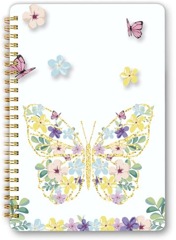 Notizbuch A5 Ringbuch,Spiralbindung Notizblock-160 Seiten,100 g/m²Tintenfestes Papier,Hardcover Collegeblock Notizblock mit Taschen,Elastisch für Tagebuch für Erwachsene&Bullet Journal(Butterfly)