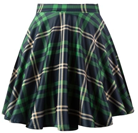 Dressever Damen Basic Vielseitige Dehnbaren Informell Casual Mini Hohe Taille A-Linie Tennisrock Tanzrock Green Plaid XX-Large