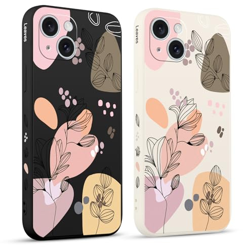 Pnakqil 2 stück Handyhülle für Apple iPhone 15 6.1,Hülle Blätter Zeichnung Bemaltes Muster süß Aesthetic Silikon Schutzhülle Tasche Schön Mädchen Kameraschutz Stoßfeste Case