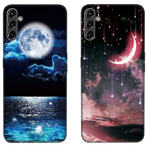 Tveinan 2 Pack Coque pour Samsung Galaxy S24 5G Etui, Mignon Étui de Protection Antichoc Housse Souple TPU Silicone Étui Ultra Douce Noir Motif Case Cover pour Samsung S24 - Lune de Mer & Lune Rouge