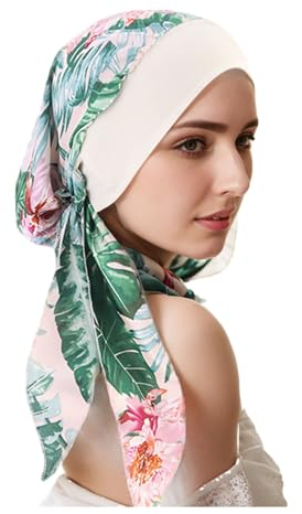 Kopftuch Turban Damen,Sommer Bedruckte Schal Elastische Turban Kopftücher Headwear Chemo Kopfbedeckung Baumwolle Turban Kappe für Frauen Haarausfall Krebs Chemo (Green leaves)