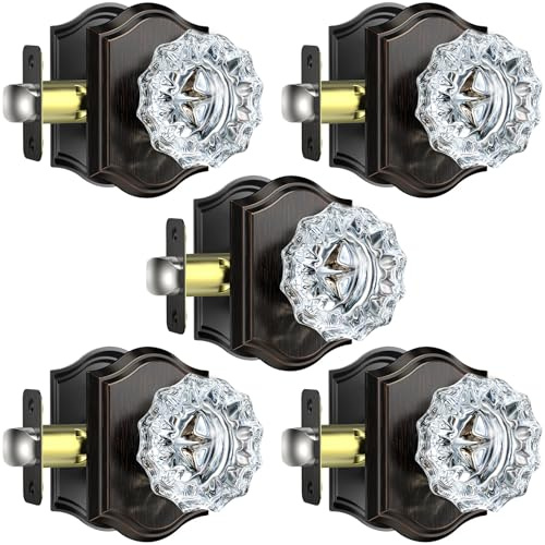 Calzibeno 5 Pack Passage Glass Door Knobs, Oil Rubbed Bronze Crystal Door Knobs, Antique Glass Crystal Doorknob for Closet and Hall, Vintage Door Knobs Interior