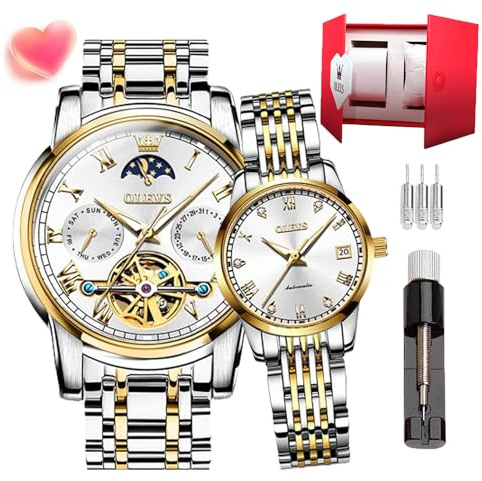 OLEVS Paar Uhren Set mit automatischem mechanischen automatischen Aufzug für Herren Damen Uhren Leuchtend Wasserdicht Edelstahl High