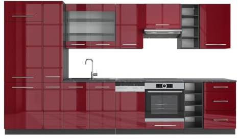 Vicco Küchenzeile Fame-Line, Bordeaux Hochglanz/Anthrazit, 355 cm | 12 Module · Höhenverstellbare Füße · AP Anthrazit inkl. · MDF-Fronten · Softclose · Metallgriffe