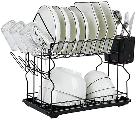 2 Tier Dish Drainer Rack for Kitchen Countertop, Dish Drying Rack with Utensil Holder/Cup Holders/Drip Tray, Space Saving Metal Sink Draining Board Dishes Racks (Black)