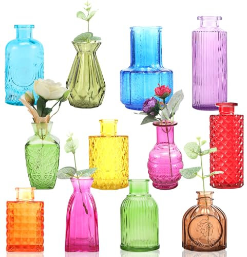 Dyrfolm 12 Stück Glasvasen in Großpackung, Mini-Vintage-Blumenvasen für Tafelaufsätze, farbige kleine Vasen für Blumen, Glasflaschen für Zuhause, Hochzeiten, Partys, Tischdekoration (viele Farben)