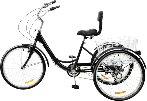 - 24 Zoll Klapprad Dreirad für Erwachsene, 7-Gang Klappbar Tricycle Radfahren Sattel mit Rückenlehne und Einkaufskorb für Erwachsene und ältere Menschen, Höhenverstellbar 75-92cm