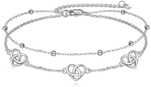 VONALA Liebe Keltischer Knoten Fußkettchen für Damen 925 Sterling Silber Double Layered Chain Beach Fußkettchen Zierlicher Fußschmuck