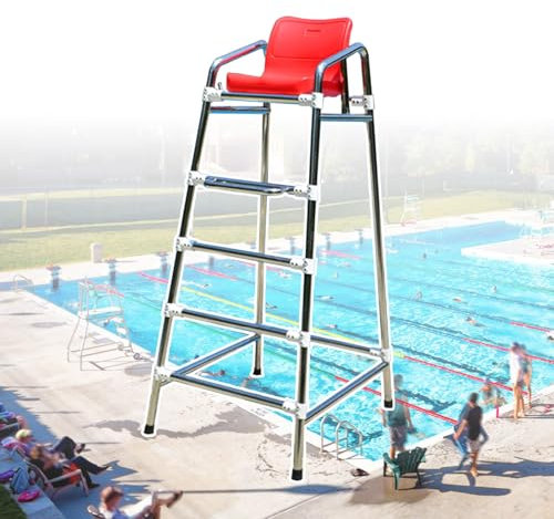 Silla de Socorrista Silla Salvavidas de Observación de Piscina de 1,8 m de Altura, Taburete con Escalera de Árbitro Desmontable con Asiento Cómodo Rojo, Silla Alta de Salvavidas para Parque Acuático