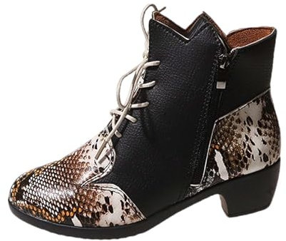 Stivali lunghi per le donne polpaccio largo donna moda stampa colorblocking stivali corti donna tacco grosso stivali abbigliamento in pelle, Nero , 39.5 EU