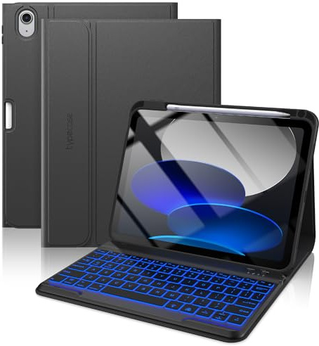 typecase Funda con teclado tipo libro para iPad de 10ª generación de 10.9 pulgadas (2022) y iPad 11ª (A16, 2025), teclado magnético inalámbrico desmontable, retroiluminación de 7 colores, delgado y