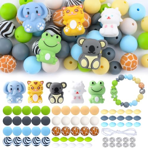URROMA 76Pcs 3D Cartoon Animal Silicone Beads Bulk Colorful Focal Beads Loose Irregular&Round Spacer Beads for DIY Pen Bracelet Keychain Craft Making