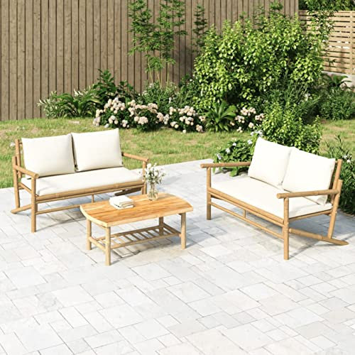 Sufrk Ensemble de salon de jardin 2 pièces avec coussins blanc crème en bambou, ensemble de table et chaises de balcon, ensemble de jardin pliable