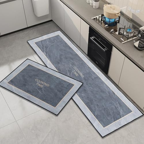 OPLERT Küchenteppich 2-teilig, rutschfeste, waschbare Küchenmatten und Teppich-Läufer-Set, wasserabsorbierende und schmutzabweisende Küchenbodenmatte,Grau,43x75+43x150cm