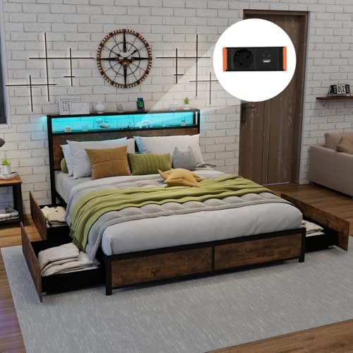 COSTWAY Cadre de Lit Double 160x200cm avec Sommier, Lit avec Éclairage LED et Prise de Courant, USB et 1 Type C, Sommier en Métal avec 4 Tiroirs Rangement, Mode Musique, Assemblage Facile