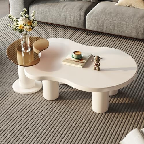 Miuuod 104 CM Nesting Coffee Table Set of 2, 2 in 1 Cloud Coffee Table and Irregular Side Table, Modern White Coffee Tables for Living Room, Tempered Glass End Tables for Sofa
