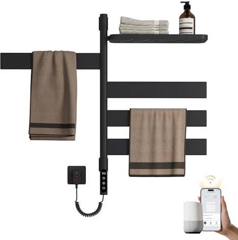 EMKE 180° Drehung Handtuchheizkörper Elektrisch, Badheizkörper Elektrisch mit Lagerregal, Wifi Smart Elektrischer Handtuchtrockner, Handtuchwärmer Handtuchhalter Elektrisch Schwarz 120W