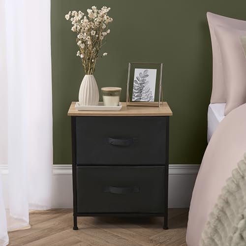 OHS Brooklyn 2 Chest of Drawers Fabric Cabinet Space-Saving Storage Solution Stylish Sturdy Frame with 2 Canvas Drawers For Bedroom Living Room Home Office, Black