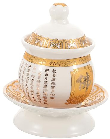 TOPBATHY Retro Style Ceramic Water Offering Cup Buddhist Ritual Decor Temple Chalice Lid Tray