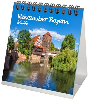 Reisezauber Bayern Tischkalender 10cm x 10cm für 2026 München Nürnberg - Set-Inhalt: 1x Kalender 1x Weihnachtsanhänger 1x Grußanhänger (gesamt 3 Teile)