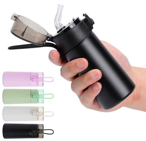 Risipu Small Water Bottle 150ml with Straw – Mini Thermos Flask for Hot and Cold Drinks, One-Hand Open, Leak-Proof Lid, Stainless Steel, Portable for Coffee, Milk, Juice (Black)