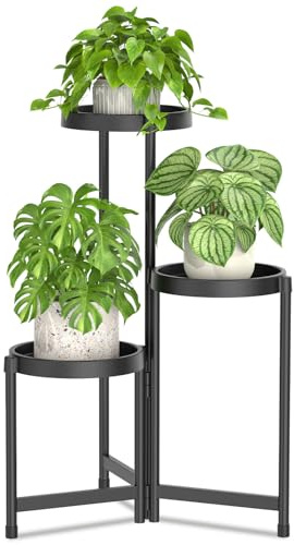 LASZOLA 3 Tiered Plant Stand Indoor Outdoor with Plastic Tray, Corner Folding Tall Flower Display Rack, Modern Plant Holder Shelf for Outdoor Patio Porch Garden Office Living Room, Black