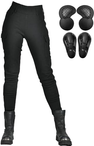 QIYUANT Damen Motorradhose mit Aramidfaser Motorrad Leggings Reiten Schutzhose Reißfester Stretch Vintage Casual mit Abnehmbar Verbesserter Rüstung Protektoren (Schwarz, XXL)