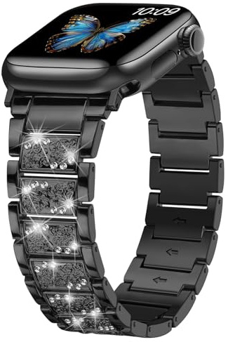 Sixmoat Brillant Diamond Métal Band Compatible avec Apple Watch Bracelet pour Femme 42mm 44mm 45mm 46mm 49mm Motif Élégant Rechange Bracelet pour iWatch Ultra SE Serie 11 10 9 8 7 6 5 4 3 (Noir)