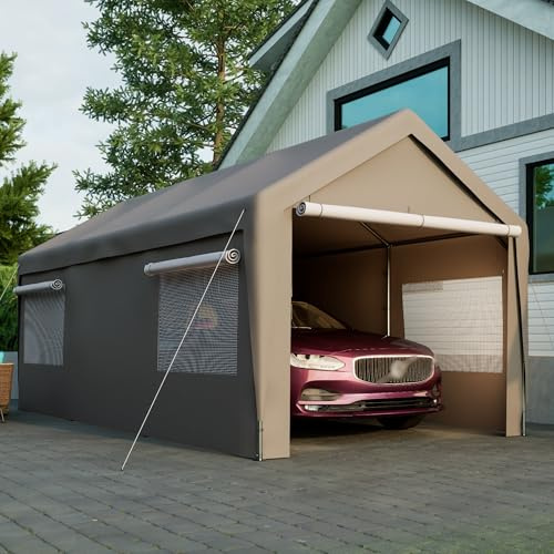 Zeltgarage Grau, Garagenzelt Winterfest 6x3x3m, Carport Auto mit Roll-up-Fenster, Abnehmbare Seitenwände und Dach, Geräteschuppen für Auto, SUV, Boot, LKW (592 x 310 x 276 cm)