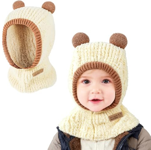 TAGVO Baby Beanie Schlupfmütze Kinder, Strickmütze Thermo Winter mit Doppelt Bommel Pom Pom, Winddicht Weiche Slouchy Thick Skull Cap, Sturmhaube Halswärmer für Baby Jungen und Mädchen 1–5 Jahre