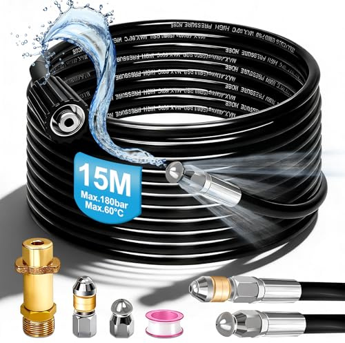 Tuyau de Nettoyage de Canalisations, 15m, 180 bar, M22, Buse Rotative