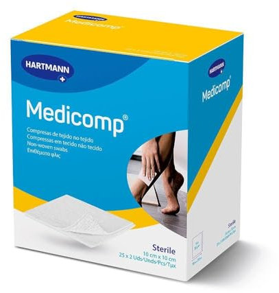 MEDICOMP: Compresas de Tejido no Tejido, Extrasuaves y Absorbentes con Estructura de Gasa para el Tratamiento General de Heridas, o Procedimientos Ambulatorios; 10x10 cm 25x2 unidades