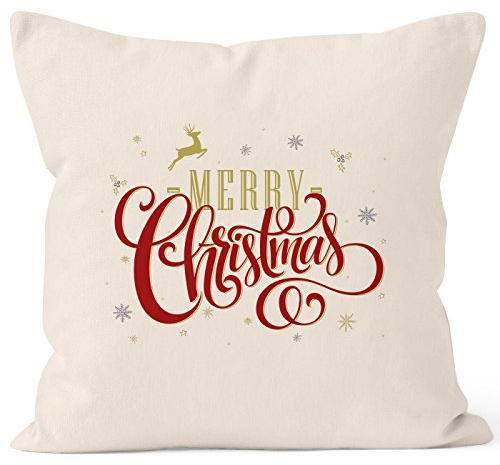 MoonWorks Kissenbezug Merry Christmas Weihnachten Geschenk Kissen-Hülle Deko-Kissen 40x40 Baumwolle Natur Pullover