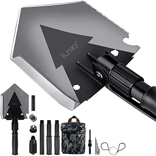 Iunio Military Portable Folding Shovel [38 inch Length] and Pickax with Tactical Waist Pack all-in-1 Army Surplus Multitool Tactical Spade for Camping Hiking Backpacking Entrenching Tool Car Emergency