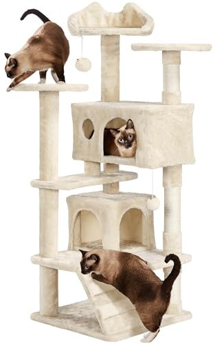Yaheetech Arbre à Chat avec 2 Niches 3 Plateformes 2 Boules en Sisal Arbre à Grimper Multi-Niveaux Hauteur 137cm Idéal pour 3-4 Chats Beige