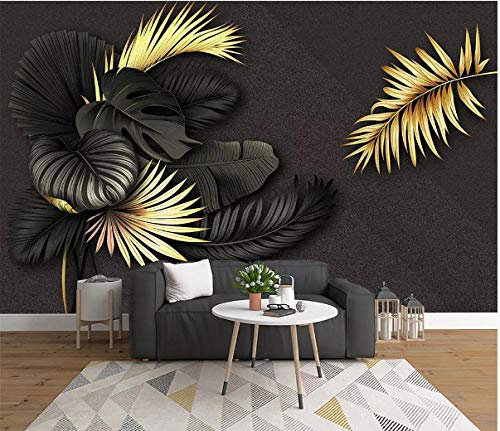 WH-PORP 3D Papier Peint Peinture murale sur fond de ligne géométrique de plantes tropicales or noir-350cmx245cm