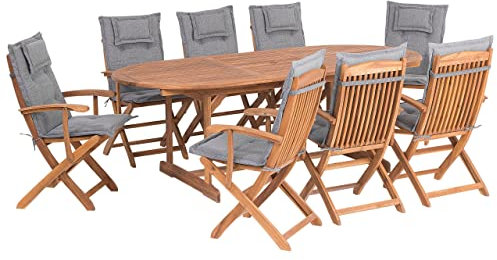 Beliani Gartenset Akazienholz Hellbraun 8-Sitzer Ausziehtisch Auflagen grau Maui