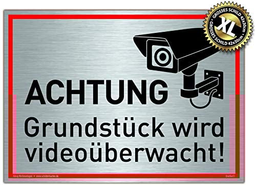 Großes Schild Achtung Grundstück wird videoüberwacht! | Alu 42 x 30 cm | stabiles Alu Schild mit UV-Schutz | silber gebürstet edle Optik | Videoüberwachung Kameraüberwachung Kameraüberwacht | Dreifke®