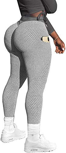 Memoryee Damen Honeycomb Leggings mit Taschen Slim Fit Hohe Taille Sporthose Lange Workout Kontrolle Gym Yogahosen/#2 Grey/L