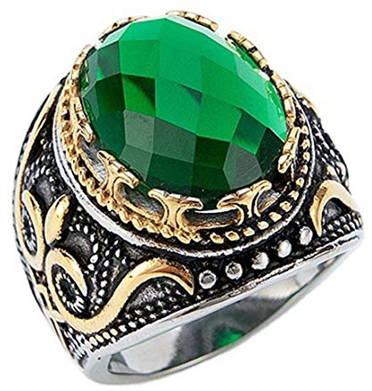 HIJONES Herren Jahrgang Luxus Oval Smaragd Stein Ring aus Edelstahl Gotisch Geschnitzt Muster Silber Gold Größe 60