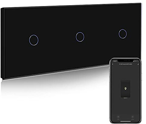 BSEED Interrupteur Connecté WiFi,1 Gang 2 Voie Triple Interrupteur Tactile Mural,Compatible avec Alexa et Google Home,Noir Interrupteur Va et Vient sans Fil avec Écran Tactile(Ligne Neutre Requis)