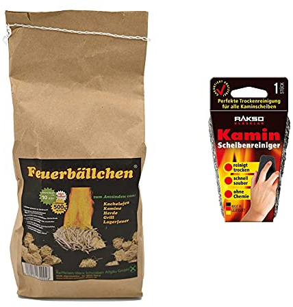 Raiffeisen Waren - Palline di fuoco da 0,5 kg + detergente per vetri RAKSO, 1 pezzo (durata circa 10 min, accendifuoco + detergente senza prodotti chimici, pulisce senza lubrificazione e graffi)