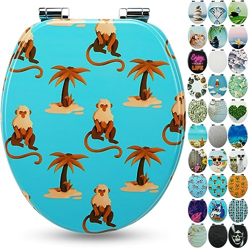 SANFINO® Premium Toilet Seat with Soft Close - Wooden Toilet Lid, lots of colourful and decorative designs, high seating comfort, easy to install including instructions - Monkey Island