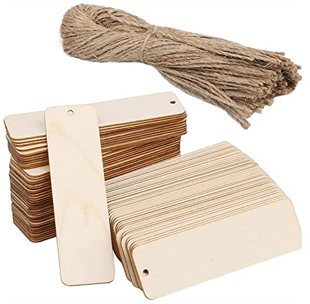 UBERMing 36 Stück Holz Blanko Lesezeichen Set 12 x 3.2 cm Rechteck Leeres Lesezeichen mit Löchern und Seilen für DIY Handwerk Lesezeichen und Geschenke Tags