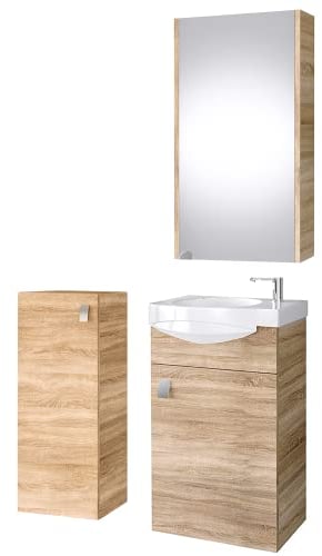 Planetmöbel Conjunto de Muebles de baño Lavabo con Mueble bajo 40 x 60 x 29 cm con Armario con Espejo 40 cm y Armario Midi para Cuarto de baño y WC de Invitados, Roble Sonoma