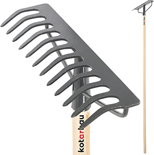 KOTARBAU® Râteau en métal avec 12 dents avec manche en bois - Râteau de jardin avec tête renforcée - Râteau en acier pour feuilles et herbe - Râteau à pierre - Râteau de jardin